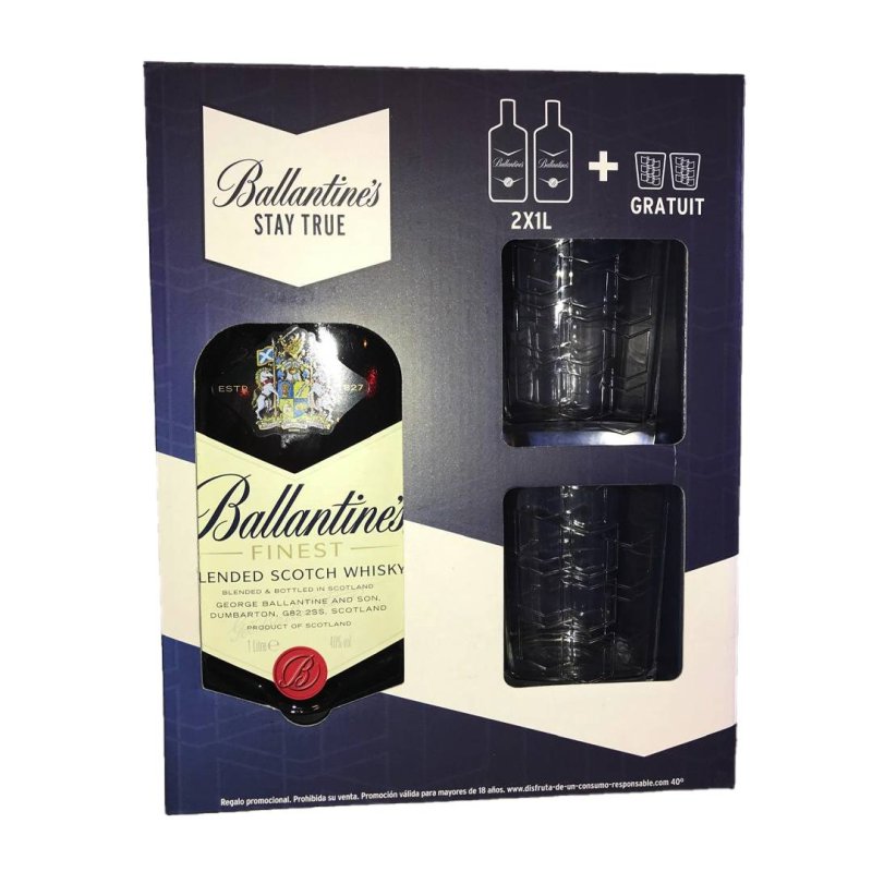 Ballantine's 2 bottles + 2 1L glasses.